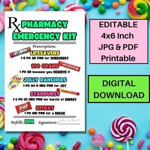 Puede incluir: Una descarga digital imprimible de 15,24 cm x 22,86 cm de una receta de kit de emergencia de farmacia con un diseño divertido que presenta varias marcas de dulces como Life Savers, 100 Grand, Jolly Ranchers, Starburst y Kit Kat. La receta incluye instrucciones de dosificación y un espacio para las recargas y una firma.