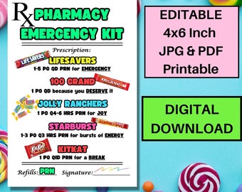 Editable Pharmacy Candy Kit Gift Tags: Emergency Survival Prescription (Digital Download)