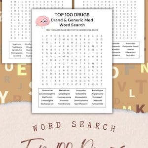May include: A word search puzzle titled "Top 100 Drugs" with a pink brain graphic. The puzzle includes a list of brand and generic medications. The bottom of the image displays the text "RXDESIGNSHOP".