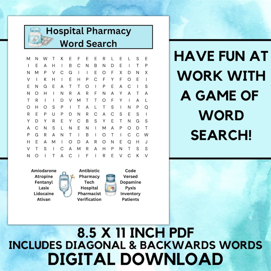 Hospital Pharmacy Word Search Printable*pharmacist, Pharmacy Tech, Gift ...