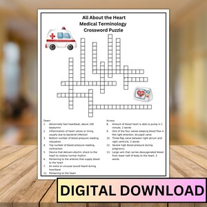 May include: A printable crossword puzzle with a medical theme. The puzzle is about the heart and includes terms like heartbeat, blood pressure, and valves. The puzzle is illustrated with a cartoon ambulance and a cartoon heart monitor.