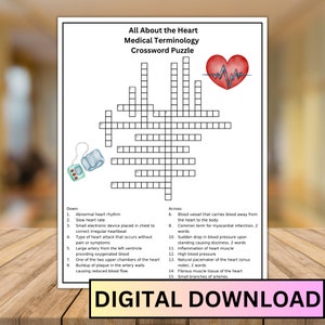 May include: A black and white crossword puzzle about the heart with medical terminology. The puzzle has a picture of a heart with an EKG line and a blood pressure cuff.