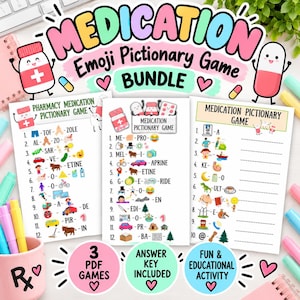 May include: A Medication Emoji Pictionary Game bundle featuring three printable activity sheets with lists of emojis and text prompts. The design includes cartoon pill and bottle characters, pink hearts, and colourful text headers. Includes an answer key.