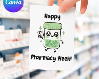 Bewerkbare cadeaukaartjes voor de apotheekweek – afdrukbaar kawaii-pillenflesje (digitaal)