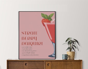 Impresión de daiquiri de fresa / Cartel minimalista de bebida alcohólica simple / Descarga digital 18x24