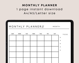 Minimalist Monthly Planner Printable, One Page Productivity Planner,A4/A5/Letter, PDF instant download