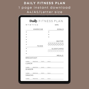 Daily fitness planner Printable PDF workout and meal log, workout planner A4/A5/Letter size
