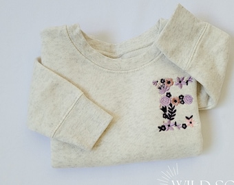 Custom Embroidered Youth Sweatshirt-Kids Neutral Sweaters-Embroidery name-Personalized Kid Sweater-Floral Embroidery-Monogram Sweater