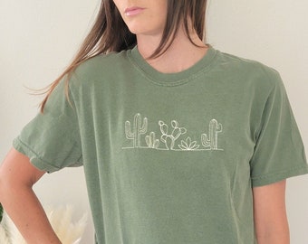 Kaktus Komfort Farben bestickt T-Shirt-Plant Shirt-Wüste Shirt-Western T Shirt-Customized T Shirt-garment gefärbt T-Shirt