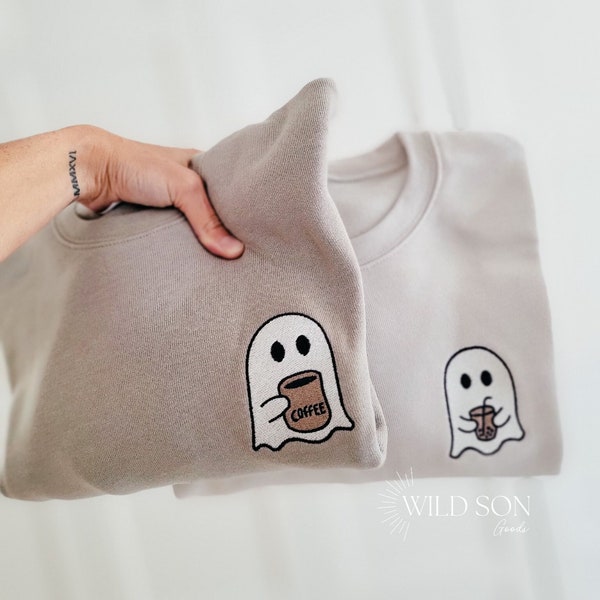 Ghost with coffee sweatshirt-Halloween sweatshirt-Embroidered Halloween Sweater