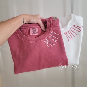 Custom Christmas Comfort Colors Sweatshirt-Neckline Embroidered Sweatshirt-Joyful Sweatshirt-Merry-Minimalist-Embroidered Crewneck