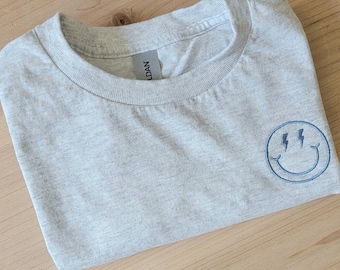 Unisex Kids Smiley Face T-Shirt-Retro Smiley Face-Lightning Bolt Smiley Face-Custom T-Shirt-Embroidered Shirt