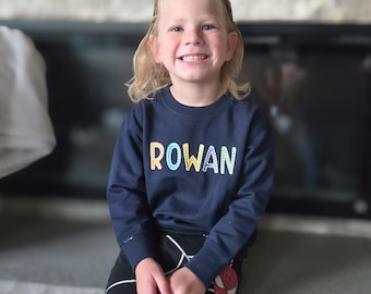 Custom Embroidered Toddler Sweatshirt-Block Outline Name-Youth Sweater-Custom Crewneck-Embroidered youth sweatshirt-Personalized Kid Sweater