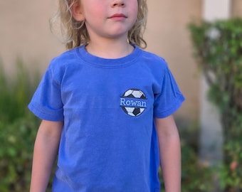 Comfort Colors Youth Kids Embroidered T Shirt-Customized Soccer Name-Soccer Ball-Name Tee-Toddler Tee-Back to School