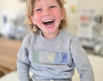 Custom Embroidered Toddler Sweatshirt-Block Outline Name-Youth Sweater-Custom Crewneck-Embroidered youth sweatshirt-Personalized Kid Sweater