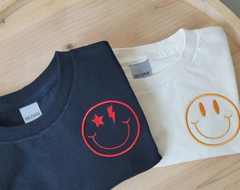 Unisex Kids Smiley Face T-Shirt-Retro Smiley Face-Lightning Bolt Smiley Face-Custom T-Shirt-Embroidered Shirt