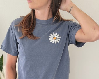 Comfort Colors Embroidered Flower Shirt-Daisy T Shirt-Plant Shirt-Spring Clothing-Flower Boho Shirt-Customized T shirt-Garment Dyed T-Shirt