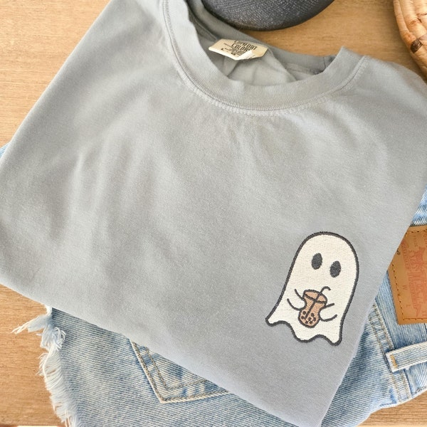 Ghost with coffee t shirt-Halloween t shirt-Embroidered Halloween t shirt