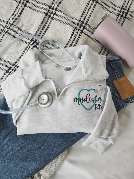Embroidered Nurse Quarter Zip Sweatshirt-Jerzees Nublend Quarter Zip-Custom Embroidered-Personalized-Nursing Graduation-RN-Gift for her