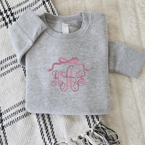 Toddler Embroidered Bow Monogram Sweatshirt-Monogrammed Sweater-Trendy bow-Coquette-Embroidery name-Personalized-Kids Initials