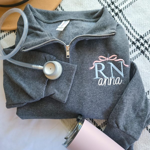 Nurse Custom Quarter Zip Sweatshirt-Trendy Bow-Jerzees Nublend Quarter Zip-Coquette-Personalized-Nursing Graduation-Nurse-RN-Gift for her