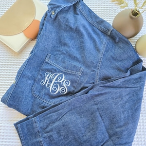 Bridesmaid Monogrammed Denim shirt-Bridemaid Gift-Lightweight Shacket-Monogrammed Button Down-Getting Ready Shirt