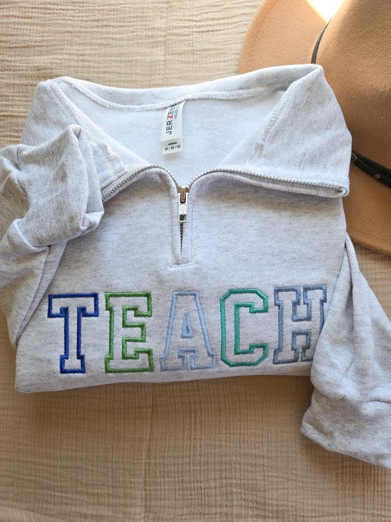 Embroidered Teach Varsity Established Sweatshirt-Quarter-zip Sweatshirt-Custom Embroidered Sweater-Teacher Appreciation
