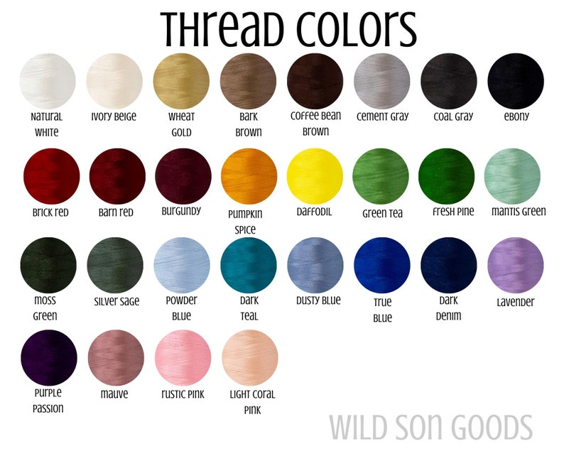 May include: A color chart displaying thread colors with names like "Natural White," "Brick Red," and "Dark Denim." The image includes a variety of shades, from light pastels to deep, rich tones, perfect for embroidery or crafting projects. The text "Thread Colors" is at the top.
