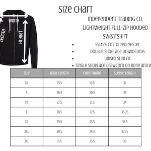 Puede incluir: Una sudadera con capucha negra con cremallera completa y una tabla de tallas. La tabla proporciona medidas de largo de cuerpo, ancho de pecho y largo de manga en cm para las tallas XS a 3XL. La sudadera es ligera y de mezcla de algod&oacute;n/poli&eacute;ster.
