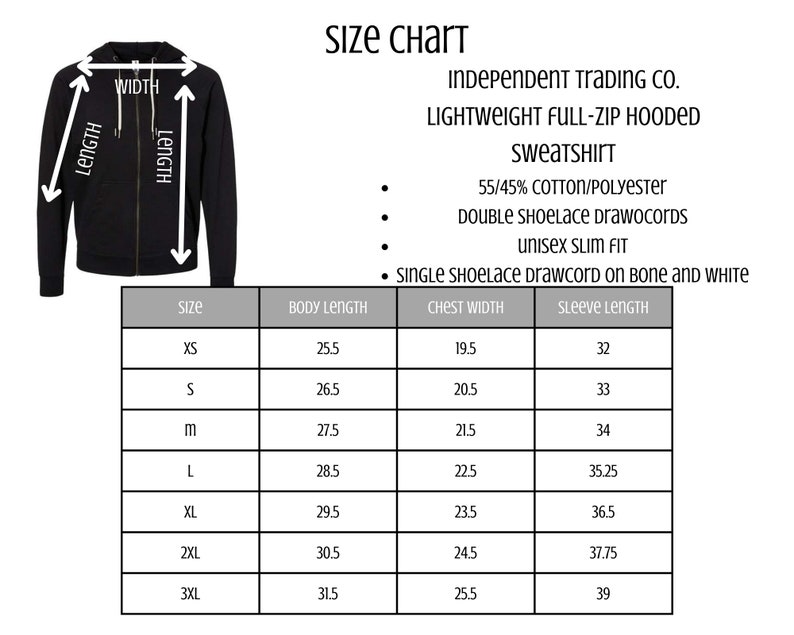 Puede incluir: Una sudadera con capucha negra con cremallera completa y una tabla de tallas. La tabla proporciona medidas de largo de cuerpo, ancho de pecho y largo de manga en cm para las tallas XS a 3XL. La sudadera es ligera y de mezcla de algod&oacute;n/poli&eacute;ster.