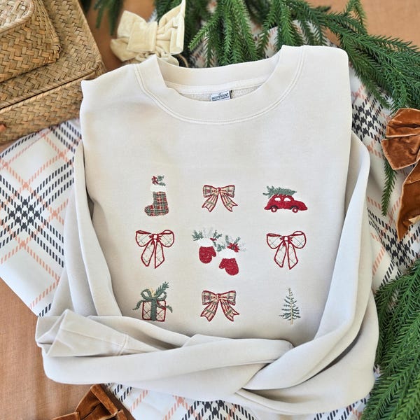 Sudadera navideña bordada - Cuello redondo navideño bordado - Estética coqueta - Lazos - Moda - Regalo navideño personalizado