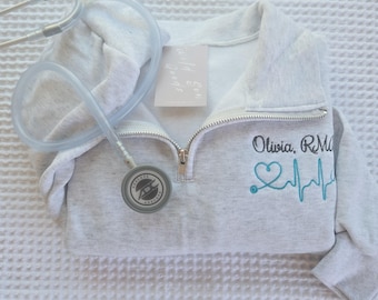 Nurse Custom Quarter Zip Sweatshirt-Jerzees Nublend Quarter Zip-Custom Embroidered-Personalized-Nursing Graduation-Nurse-RN-Gift for her