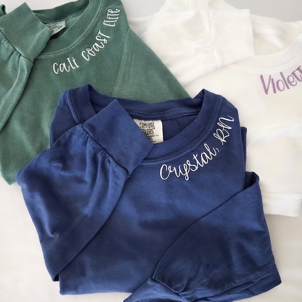 Custom Embroidered-Personalized Comfort Colors Long Sleeve T Shirt-Neckline Embroidery-Garment Dyed t shirt