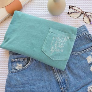 Single Initial Floral Pocket T shirt-Spring Must Have-Gift for Her-Custom Embroidered