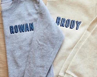 Embroidered Shadow Monogram Kids Sweatshirt-Retro-Kids Monogram Sweatshirt-Embroidered-Sweatshirt for Kids-Personalized Sweatshirt