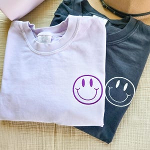 Comfort Colors Embroidered Smiley Face Short Sleeve Shirt-Retro Smiley Face-Lightning Bolt-Customized T shirt-Garment Dyed T-Shirt