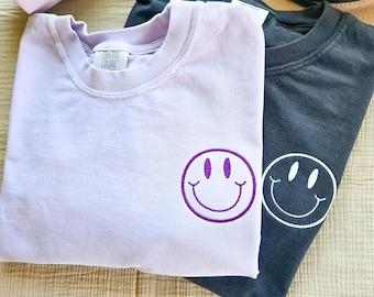 Comfort Colors Embroidered Smiley Face Short Sleeve Shirt-Retro Smiley Face-Lightning Bolt-Customized T shirt-Garment Dyed T-Shirt