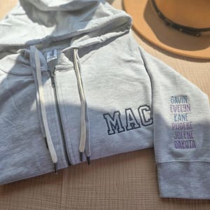 May include: A light gray zip-up hoodie with the word "MAC" embroidered in navy blue on the chest. The right sleeve features embroidered names in purple and white. A tan fedora hat rests in the background.