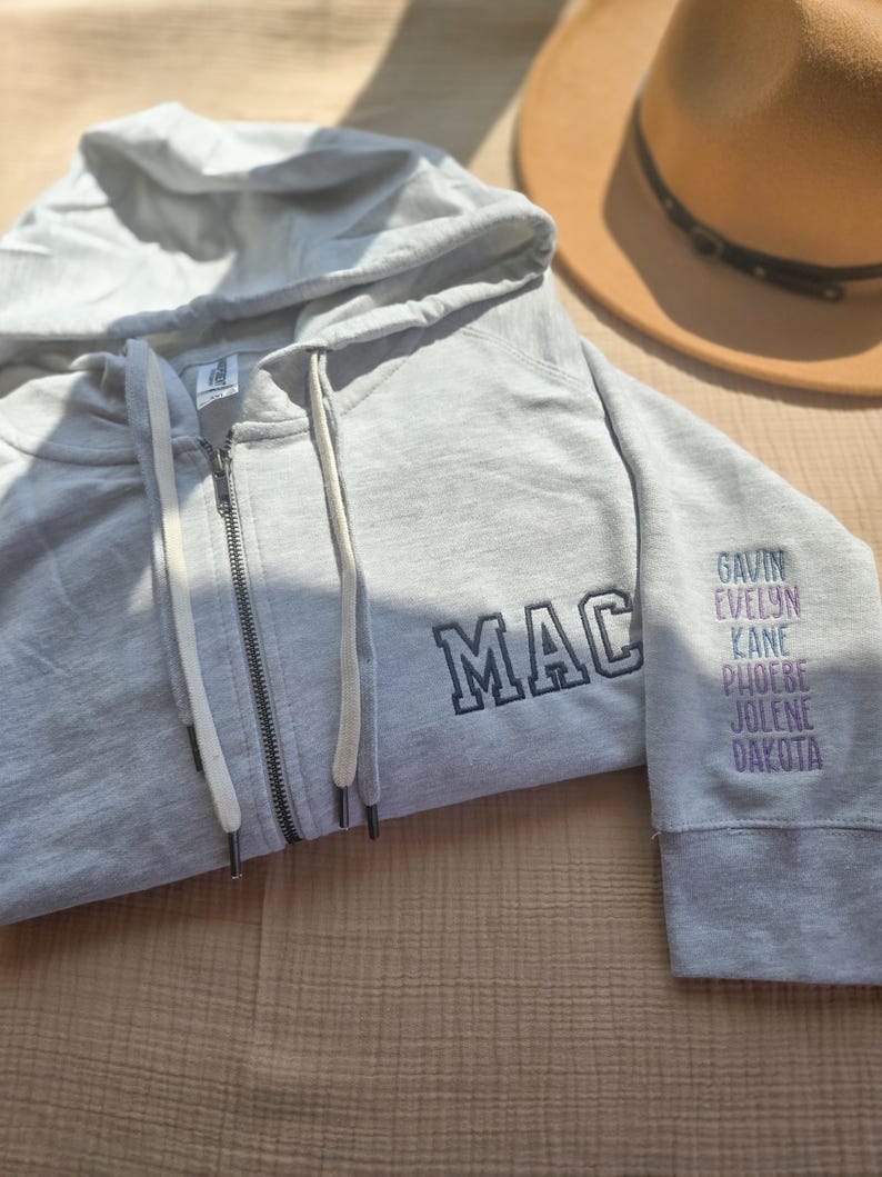 May include: A light gray zip-up hoodie with the word "MAC" embroidered in navy blue on the chest. The right sleeve features embroidered names in purple and white. A tan fedora hat rests in the background.