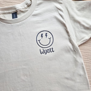 Unisex Kids Smiley Face T-Shirt-Personalized-Retro Smiley Face-Lightning Bolt Smiley Face-Custom T-Shirt-Embroidered Shirt-Back to School