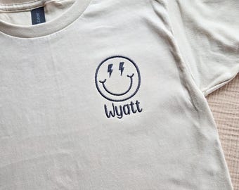 Unisex Kids Smiley Face T-Shirt-Personalized-Retro Smiley Face-Lightning Bolt Smiley Face-Custom T-Shirt-Embroidered Shirt-Back to School