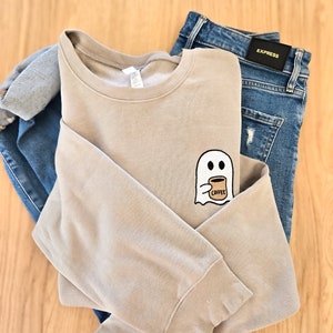 Ghost with coffee sweatshirt-Halloween sweatshirt-Embroidered Halloween Sweater