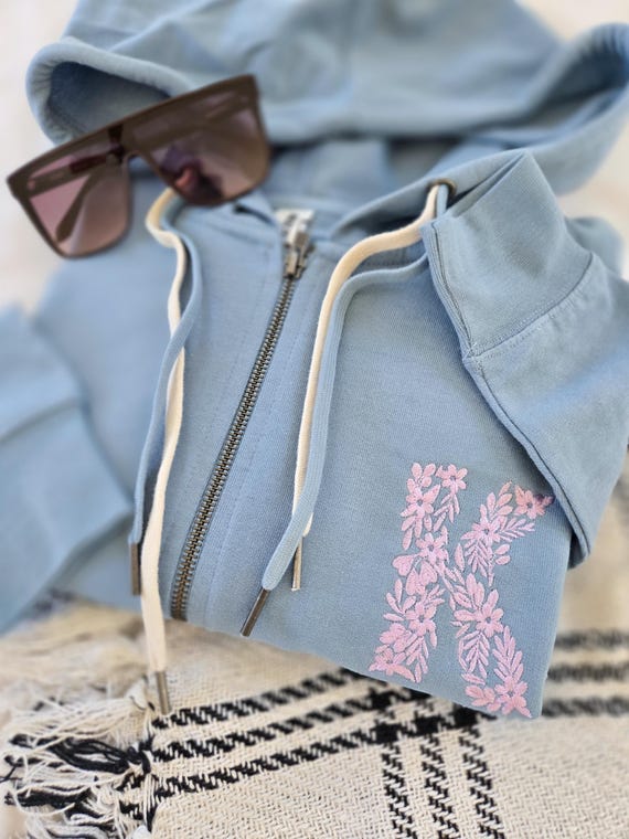 Embroidered Full-zip Floral Initial Hooded Sweatshirt-Embroidered Sweatshirt-Embroidered Hoodie-Floral Monogram- Spring Jacket-Flowers