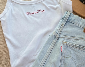Miss to Mrs Embroidered Spaghetti Crop Tank-Adult Crop-Bridal Tank-Personalized Y2K Top-Cute Summer T shirt-Retro 2000s Shirt