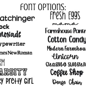 Puede incluir: Imagen en blanco y negro que muestra varias opciones de fuente. El texto incluye palabras como "Matchinger", "Block", "Lemonade", "Fresh Eggs" y "Coffee Shop". Las fuentes var&iacute;an en estilo, desde negrita hasta cursiva.