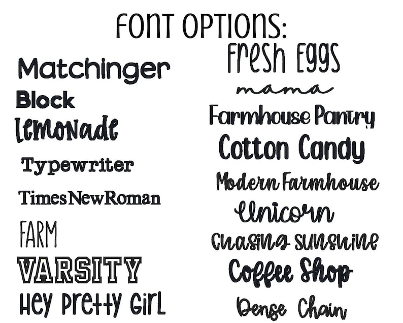Puede incluir: Imagen en blanco y negro que muestra varias opciones de fuente. El texto incluye palabras como "Matchinger", "Block", "Lemonade", "Fresh Eggs" y "Coffee Shop". Las fuentes var&iacute;an en estilo, desde negrita hasta cursiva.