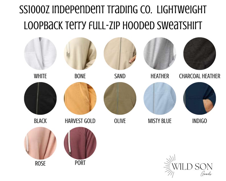 Puede incluir: Una selecci&oacute;n de sudaderas con capucha y cremallera completa en varios colores, incluyendo blanco, negro y gris jaspeado. La imagen muestra los colores disponibles: blanco, hueso, arena, jaspeado, carb&oacute;n jaspeado, negro, oro cosecha, oliva, azul brumoso, &iacute;ndigo, rosa y burdeos.