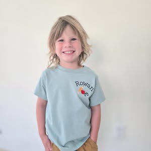 Pode incluir: Uma camiseta azul clara com o nome "Rowan" bordado no peito esquerdo, juntamente com um pequeno desenho de maçã e lápis. A camiseta é combinada com calças marrons.