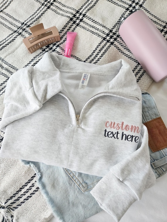 Personalized Text Embroidered Quarter Zip Sweatshirt-custom Text 