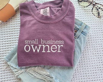 Small Business Owner Embroidered Comfort Colors Text T-Shirt-Business Name-Personalized Tee-Embroidered Clothes